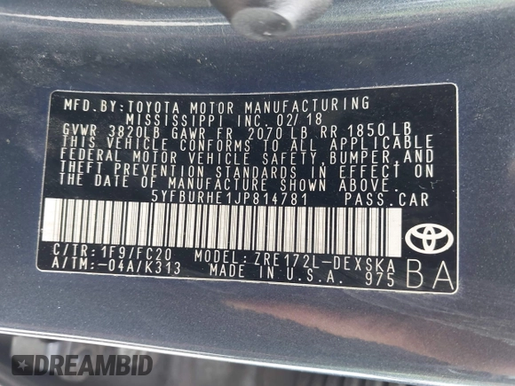2018 Toyota Corolla L with VIN 5YFBURHE1JP814781, listed as a IAAI auction lot 42408378 with 115,543 mi miles and . Bid and sale history available at DreamBid. Image 9.
