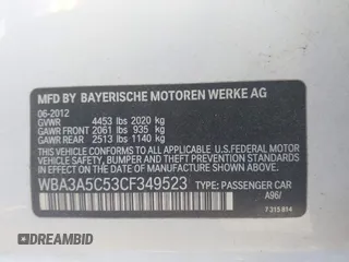 2012 BMW 3 Series 328i with VIN WBA3A5C53CF349523, listed as a IAAI auction lot 42060916 with Not provided miles and . Bid and sale history available at DreamBid. Image 9.