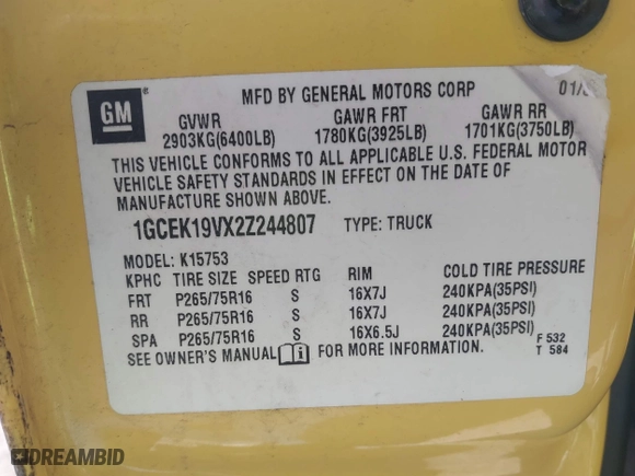 2002 Chevrolet Silverado 1500 LS with VIN 1GCEK19VX2Z244807, listed as a IAAI auction lot 41784212 with 246,067 mi miles. Bid and sale history available at carsss.com. Image 9.