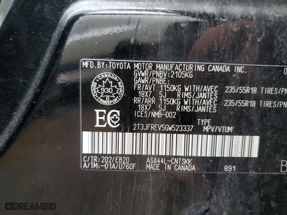 2016 Toyota RAV4 SE with VIN 2T3JFREV5GW523337, listed as a Copart auction lot 47334875 with 95,635 mi miles and Salvage Title. Bid and sale history available at carsss.com. Image 13.
