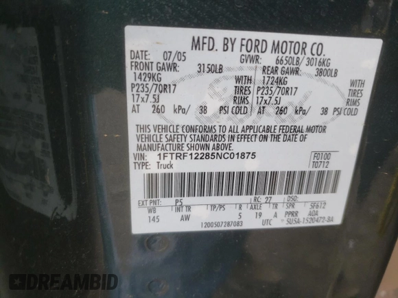 2005 Ford F-150 XL с VIN 1FTRF12285NC01875, выставлен на аукционе Copart как лот 86248024 с пробегом Не указан миль и Чистый • Clean title. История ставок и продаж доступна на DreamBid. Изображение 14.