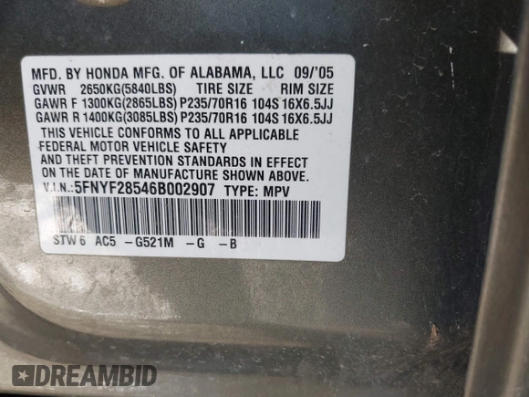 2006 Honda Pilot EX-L with VIN 5FNYF28546B002907, listed as a IAAI auction lot 41650042 with 272,069 mi miles and . Bid and sale history available at DreamBid. Image 9.