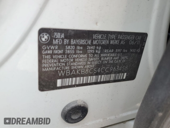 2012 BMW 7 Series 750Li with VIN WBAKB8C54CC963458, listed as a Copart auction lot 54381375 with Not Provided miles and Clean Title. Bid and sale history available at carsss.com. Image 12.