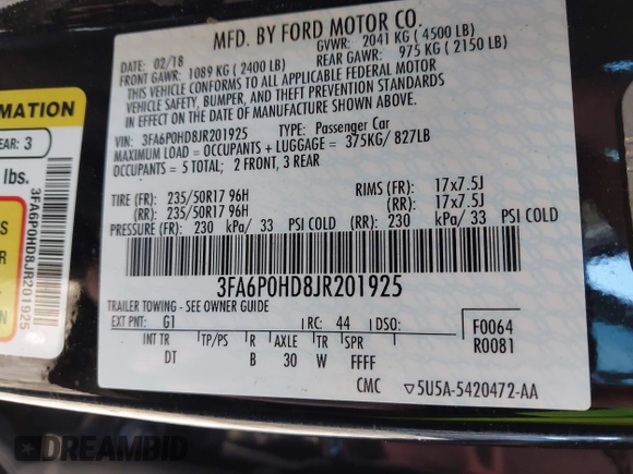 2018 Ford Fusion SE with VIN 3FA6P0HD8JR201925, listed as a IAAI auction lot 41828166 with 144,385 mi miles. Bid and sale history available at carsss.com. Image 9.