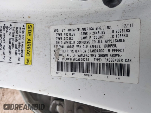 2012 Acura TL Tech Auto with VIN 19UUA9F56CA006245, listed as a IAAI auction lot 42111518 with 198,156 mi miles. Bid and sale history available at carsss.com. Image 9.