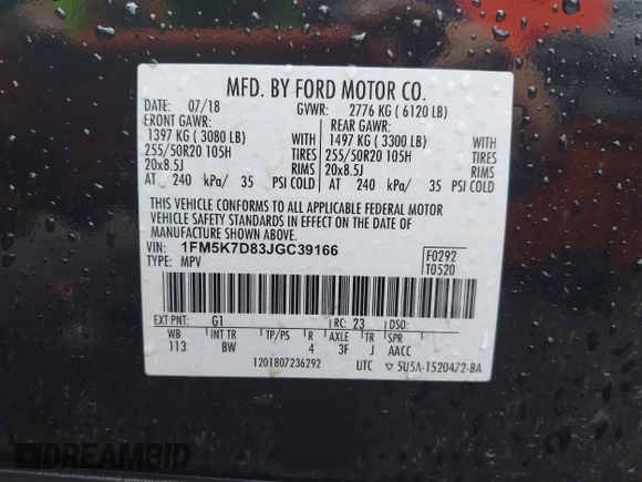 2018 Ford Explorer XLT z VIN 1FM5K7D83JGC39166, wystawiony jako IAAI lot #42425333 z przebiegiem 122 029 mil mil oraz . Historia ofert i sprzedaży dostępna na DreamBid. Obrazek 9.
