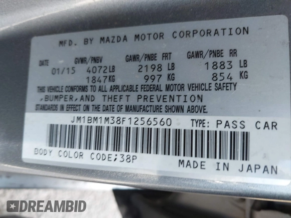 2015 Mazda 3 S Grand Touring with VIN JM1BM1M38F1256560, listed as a IAAI auction lot 41655332 with 121,179 mi miles and . Bid and sale history available at DreamBid. Image 9.