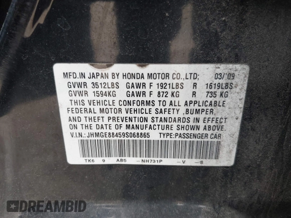 2009 Honda Fit Sport с VIN JHMGE88459S068865, выставлен на аукционе IAAI как лот 42351113 с пробегом 153 884 миль миль и . История ставок и продаж доступна на DreamBid. Изображение 9.