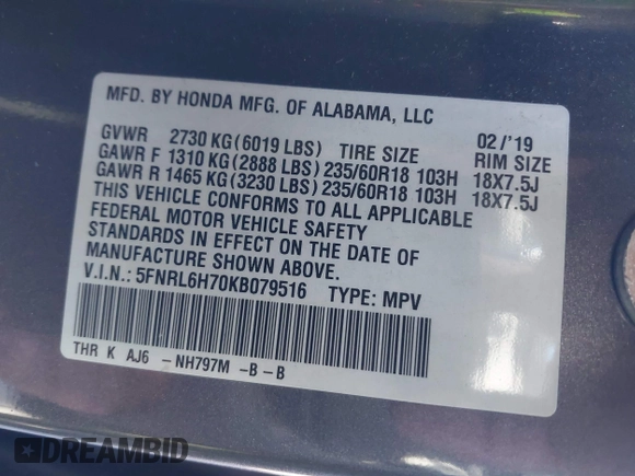 2019 Honda Odyssey EX-L with VIN 5FNRL6H70KB079516, listed as a IAAI auction lot 41857013 with 248,457 mi miles. Bid and sale history available at carsss.com. Image 9.
