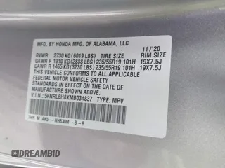 2021 Honda Odyssey Touring with VIN 5FNRL6H8XMB034837, listed as a IAAI auction lot 41856444 with 84,950 mi miles. Bid and sale history available at carsss.com. Image 9.
