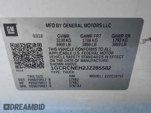 2018 Chevrolet Silverado 1500 Work Truck with VIN 1GCRCNEH2JZ285582, listed as a Copart auction lot 88350275 with 106,901 mi miles and Salvage Title. Bid and sale history available at carsss.com. Image 12.