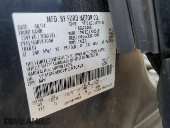 2015 Ford Explorer z VIN 1FM5K8B87FGA70897, wystawiony jako Copart lot #57647625 z przebiegiem 162 210 mil mil oraz Szkoda całkowita • Salvage title. Historia ofert i sprzedaży dostępna na DreamBid. Obrazek 13.