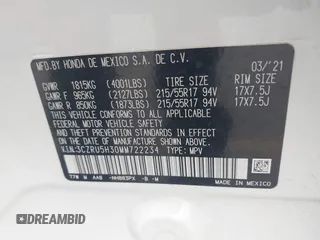 2021 Honda HR-V LX with VIN 3CZRU5H30MM722234, listed as a IAAI auction lot 41885832 with 45,005 mi miles. Bid and sale history available at carsss.com. Image 9.