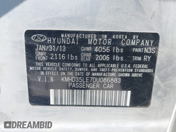2013 Hyundai Elantra GT with VIN KMHD35LE7DU086883, listed as a IAAI auction lot 42158289 with 117,290 mi miles. Bid and sale history available at carsss.com. Image 9.
