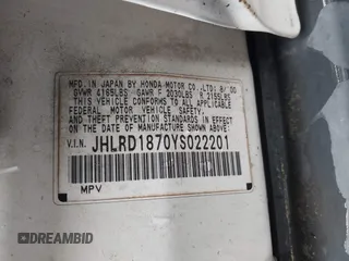 2000 Honda CR-V SE z VIN JHLRD1870YS022201, wystawiony jako IAAI lot #42527115 z przebiegiem 232 081 mil mil oraz . Historia ofert i sprzedaży dostępna na DreamBid. Obrazek 9.