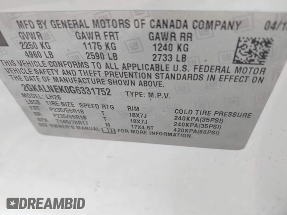 2016 GMC Terrain SLE with VIN 2GKALNEK0G6331752, listed as a IAAI auction lot 42017051 with 77,491 mi miles and . Bid and sale history available at carsss.com. Image 9.