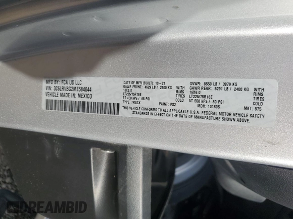 2021 Ram ProMaster Cargo with VIN 3C6LRVBG2ME584044, listed as a Copart auction lot 47633125 with 33,302 mi miles and Salvage Title. Bid and sale history available at carsss.com. Image 13.