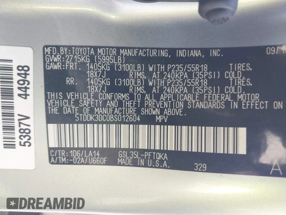 2011 Toyota Sienna XLE with VIN 5TDDK3DC0BS012604, listed as a IAAI auction lot 41533173 with 174,779 mi miles. Bid and sale history available at carsss.com. Image 9.