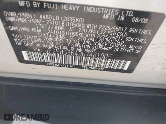 2009 Subaru Forester X with VIN JF2SH63649H748190, listed as a IAAI auction lot 41980120 with 152,764 mi miles and . Bid and sale history available at DreamBid. Image 9.