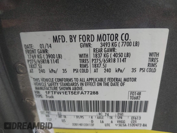 2014 Ford F-150 XL with VIN 1FTFW1ET5EFA77288, listed as a IAAI auction lot 42106634 with 74,582 mi miles. Bid and sale history available at carsss.com. Image 9.