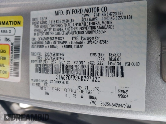 2016 Ford Fusion SE with VIN 3FA6P0T93GR291822, listed as a IAAI auction lot 42216004 with 160,847 mi miles and . Bid and sale history available at DreamBid. Image 9.