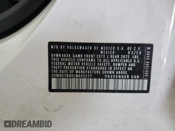 2020 Volkswagen Jetta S with VIN 3VWN57BU5LM032277, listed as a Copart auction lot 58653765 with 96,805 mi miles and Salvage title. Bid and sale history available at DreamBid. Image 12.