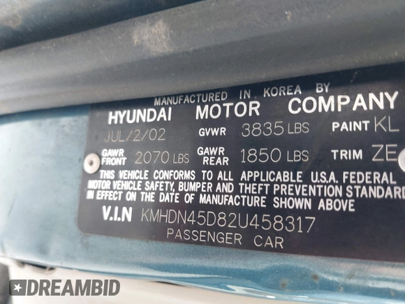 2002 Hyundai Elantra GLS with VIN KMHDN45D82U458317, listed as a IAAI auction lot 42653514 with 223,269 mi miles and . Bid and sale history available at DreamBid. Image 9.