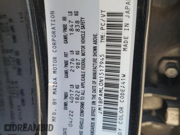 2022 Mazda 3 Premium with VIN JM1BPAML0N1517945, listed as a Copart auction lot 63263285 with 48,889 mi miles and Clean title. Bid and sale history available at DreamBid. Image 13.