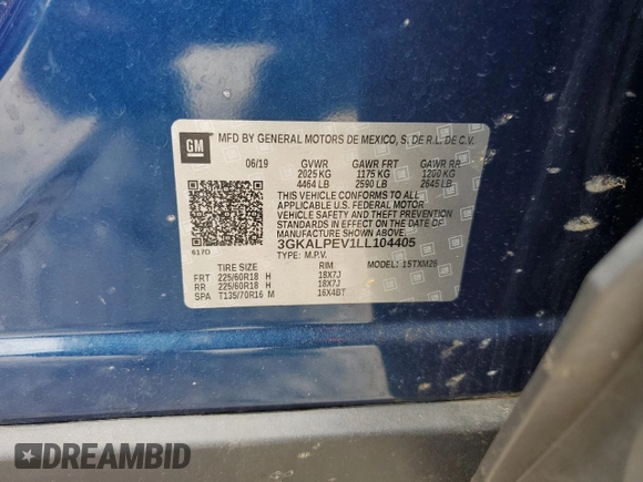 2020 GMC Terrain SLT with VIN 3GKALPEV1LL104405, listed as a Copart auction lot 54745105 with 65,586 mi miles and Salvage title. Bid and sale history available at DreamBid. Image 13.
