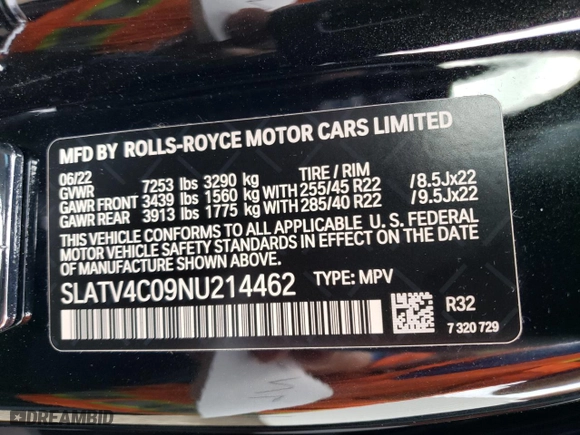 2022 Rolls-Royce Cullinan with VIN SLATV4C09NU214462, listed as a Copart auction lot 70713624 with NaN miles and Salvage Title. Bid and sale history available at carsss.com. Image 15.
