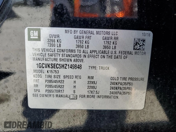 2017 Chevrolet Silverado 1500 LTZ with VIN 1GCVKSEC5HZ149848, listed as a Copart auction lot 54541825 with 104,291 mi miles and Salvage Title. Bid and sale history available at DreamBid. Image 12.
