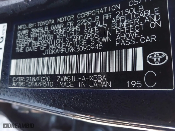 2019 Toyota Prius L Eco with VIN JTDKARFU9K3090948, listed as a IAAI auction lot 41400008 with 113,323 mi miles. Bid and sale history available at carsss.com. Image 9.