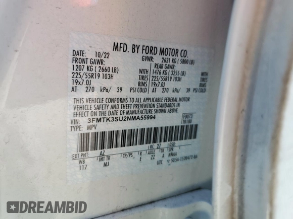 2022 Ford Mustang Mach-E Premium z VIN 3FMTK3SU2NMA55994, wystawiony jako Copart lot #78926914 z przebiegiem Nie podano mil oraz Szkoda całkowita • Salvage title. Historia ofert i sprzedaży dostępna na DreamBid. Obrazek 15.