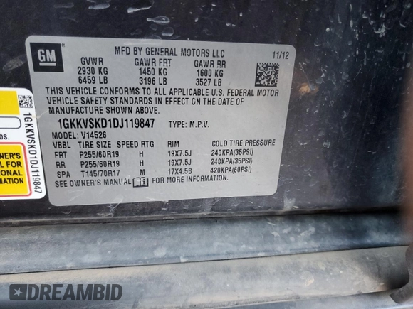 2013 GMC Acadia SLT z VIN 1GKKVSKD1DJ119847, wystawiony jako Copart lot #43279255 z przebiegiem 187 307 mil mil oraz Szkoda całkowita • Salvage title. Historia ofert i sprzedaży dostępna na DreamBid. Obrazek 13.
