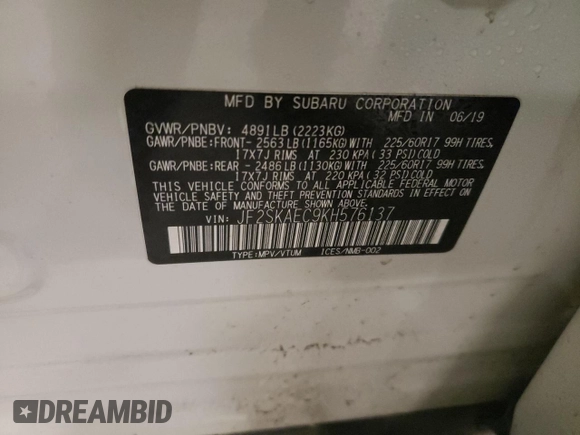 2019 Subaru Forester Premium with VIN JF2SKAEC9KH576137, listed as a Copart auction lot 88975425 with 41,057 mi miles and Salvage Title. Bid and sale history available at carsss.com. Image 16.
