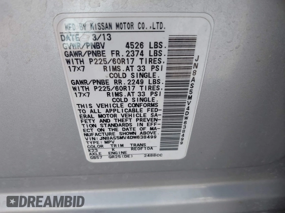 2013 Nissan Rogue S with VIN JN8AS5MV4DW638499, listed as a IAAI auction lot 42232075 with 168,184 mi miles and . Bid and sale history available at DreamBid. Image 9.