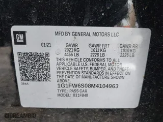 2021 Chevrolet Bolt EV 1LT with VIN 1G1FW6S08M4104963, listed as a IAAI auction lot 41827650 with 34,505 mi miles. Bid and sale history available at carsss.com. Image 9.