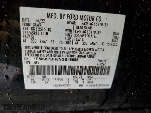 2022 Ford Explorer with VIN 1FMSK7BH6NGB46685, listed as a Copart auction lot 88434925 with Not Provided miles and Salvage Title. Bid and sale history available at carsss.com. Image 13.