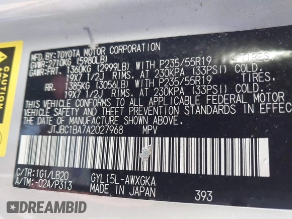 2010 Lexus RX 450h with VIN JTJBC1BA7A2027968, listed as a IAAI auction lot 41691721 with 170,813 mi miles and . Bid and sale history available at DreamBid. Image 9.