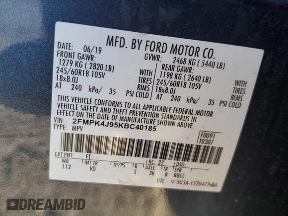 2019 Ford Edge SEL with VIN 2FMPK4J95KBC40185, listed as a Copart auction lot 43233055 with 102,951 mi miles and Salvage Title. Bid and sale history available at carsss.com. Image 13.