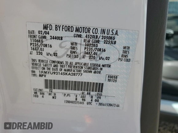 2005 Ford Escape XLT with VIN 1FMYU93145KA28777, listed as a Copart auction lot 58013995 with 94,308 mi miles and Clean title. Bid and sale history available at DreamBid. Image 13.