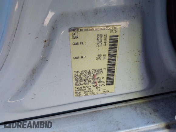 2015 Nissan Altima S with VIN 1N4AL3AP9FN320475, listed as a IAAI auction lot 41875010 with 144,899 mi miles and . Bid and sale history available at DreamBid. Image 9.