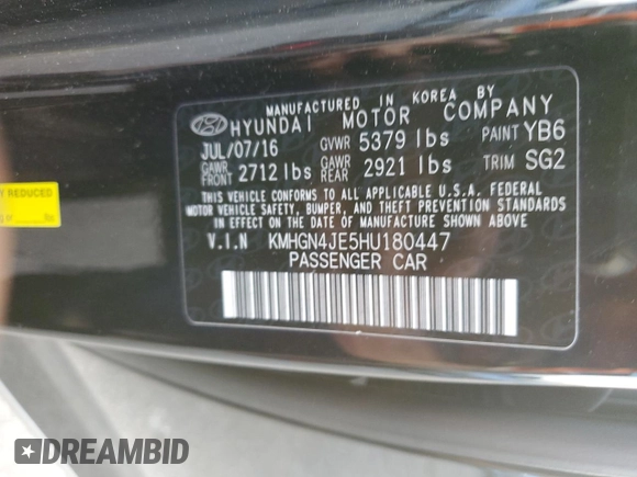 2017 Genesis G80 3.8L with VIN KMHGN4JE5HU180447, listed as a Copart auction lot 79687954 with 70,495 mi miles and Salvage Title. Bid and sale history available at DreamBid. Image 12.
