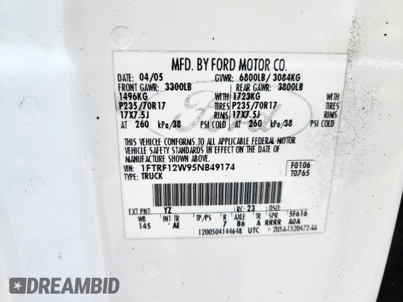 2005 Ford F-150 XL with VIN 1FTRF12W95NB49174, listed as a Copart auction lot 58858705 with 154,626 mi miles and Clean title. Bid and sale history available at DreamBid. Image 12.