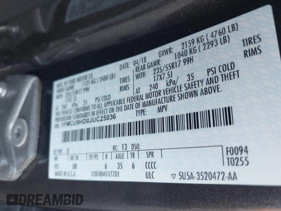2018 Ford Escape SEL with VIN 1FMCU9HD0JUC25036, listed as a IAAI auction lot 40518589 with 143,076 mi miles. Bid and sale history available at carsss.com. Image 9.