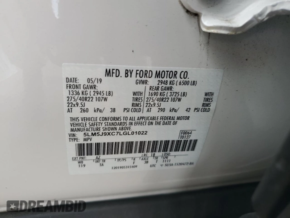 2020 Lincoln Aviator Black Label with VIN 5LM5J9XC7LGL01022, listed as a Copart auction lot 61236505 with 80,510 mi miles and Salvage title. Bid and sale history available at DreamBid. Image 13.