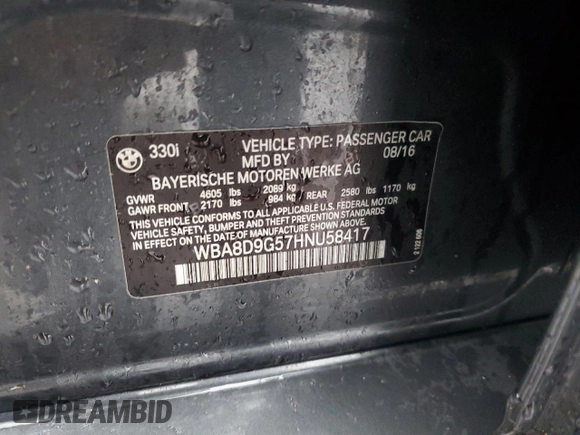 2017 BMW 3 Series 330i xDrive with VIN WBA8D9G57HNU58417, listed as a Copart auction lot 44101505 with 92,841 mi miles and Salvage Title. Bid and sale history available at carsss.com. Image 12.