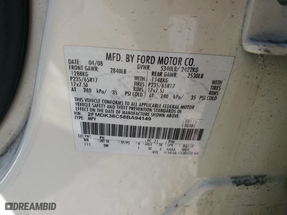 2008 Ford Edge SEL with VIN 2FMDK38C58BA94149, listed as a Copart auction lot 48146635 with NaN miles and Clean Title. Bid and sale history available at carsss.com. Image 14.