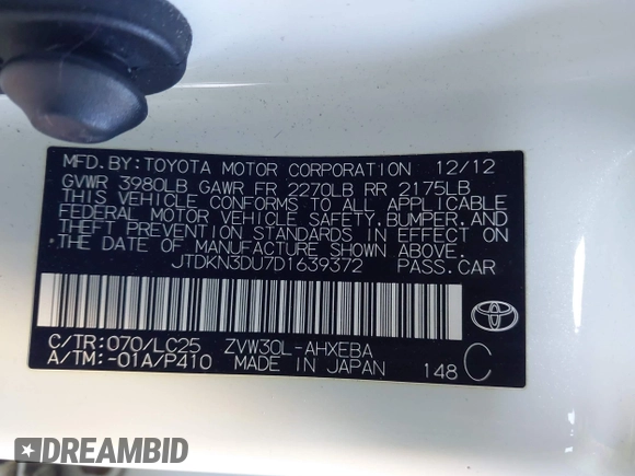 2013 Toyota Prius One with VIN JTDKN3DU7D1639372, listed as a IAAI auction lot 41351781 with 253,735 mi miles. Bid and sale history available at carsss.com. Image 9.