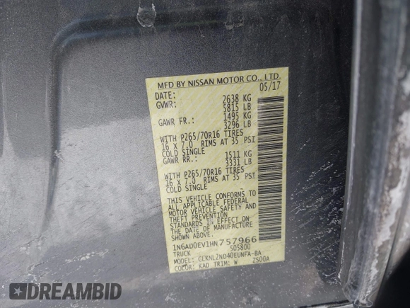 2017 Nissan Frontier SV with VIN 1N6AD0EV1HN757966, listed as a IAAI auction lot 41392491 with 139,775 mi miles and . Bid and sale history available at DreamBid. Image 9.
